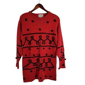 VTG Jeanette Red Novelty Embroidered Sweater Dress M Long Sleeve 90's Holidays
